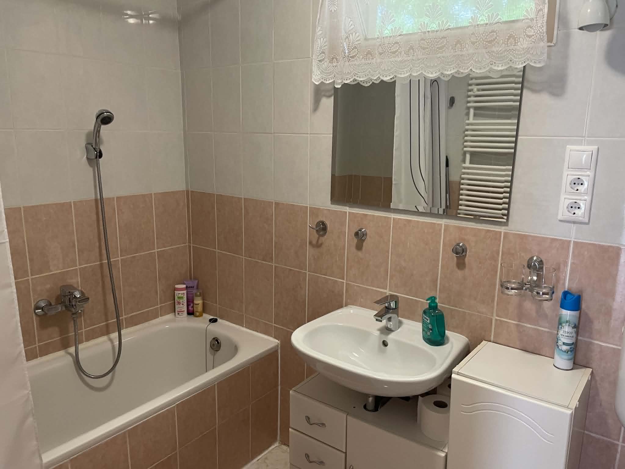 Fürdőszoba káddal és zuhanyzóval a balatonlellei apartmanban